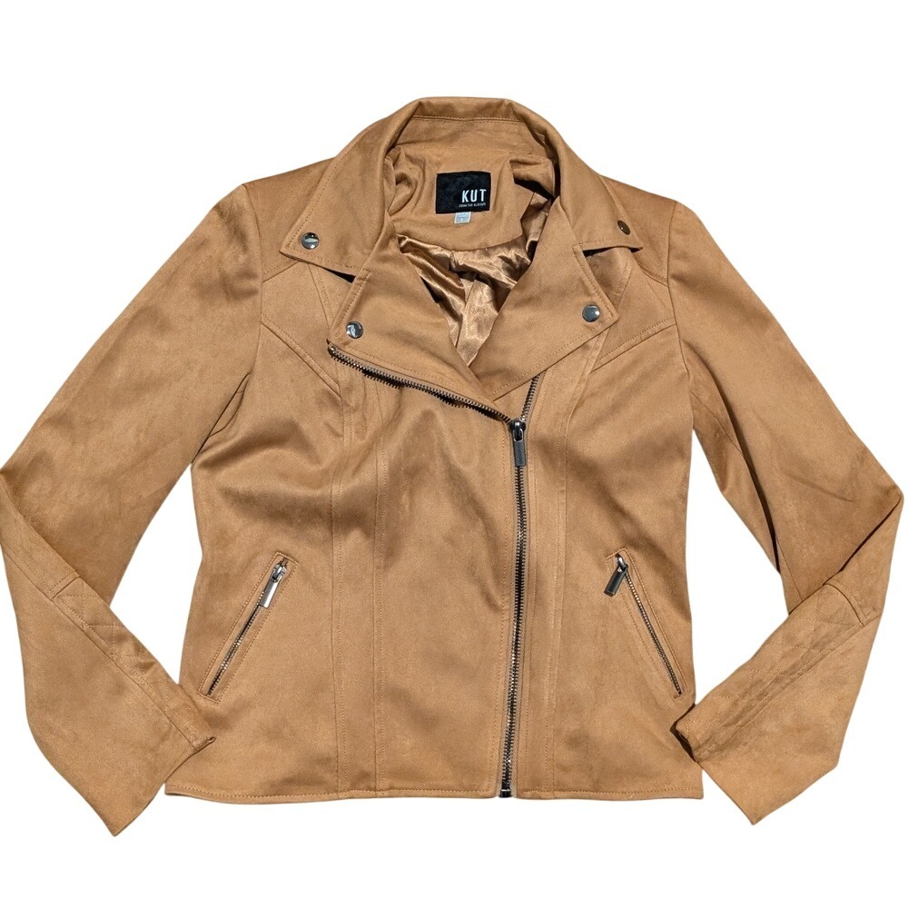 Kut from the Kloth Tan Brown Faux Suede Leather Jacket Moto Small S Edgy Fall